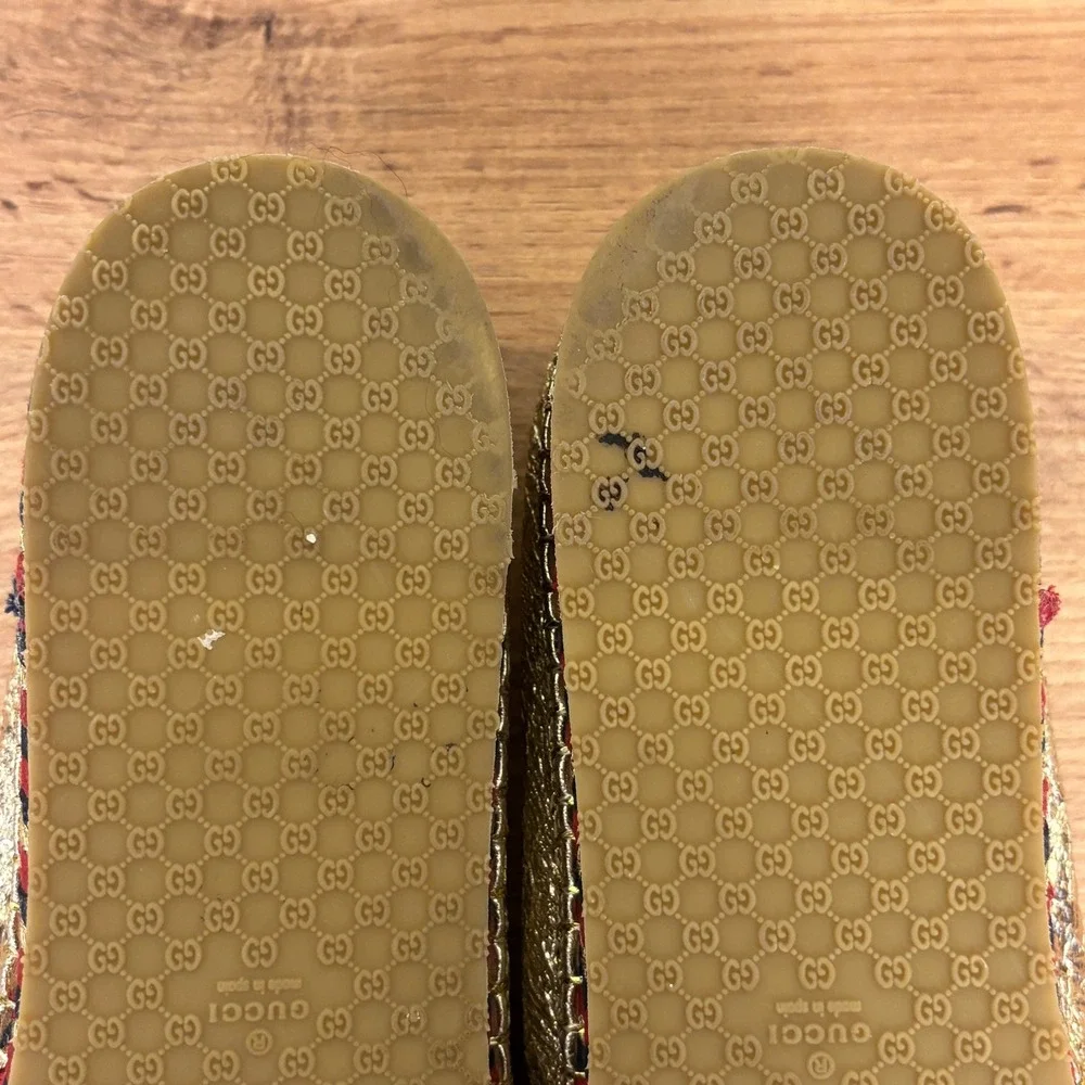 GUCCI Crinkled Leather Web Pilar Bee Espadrille Flat Gold Women Size 40 Slip On